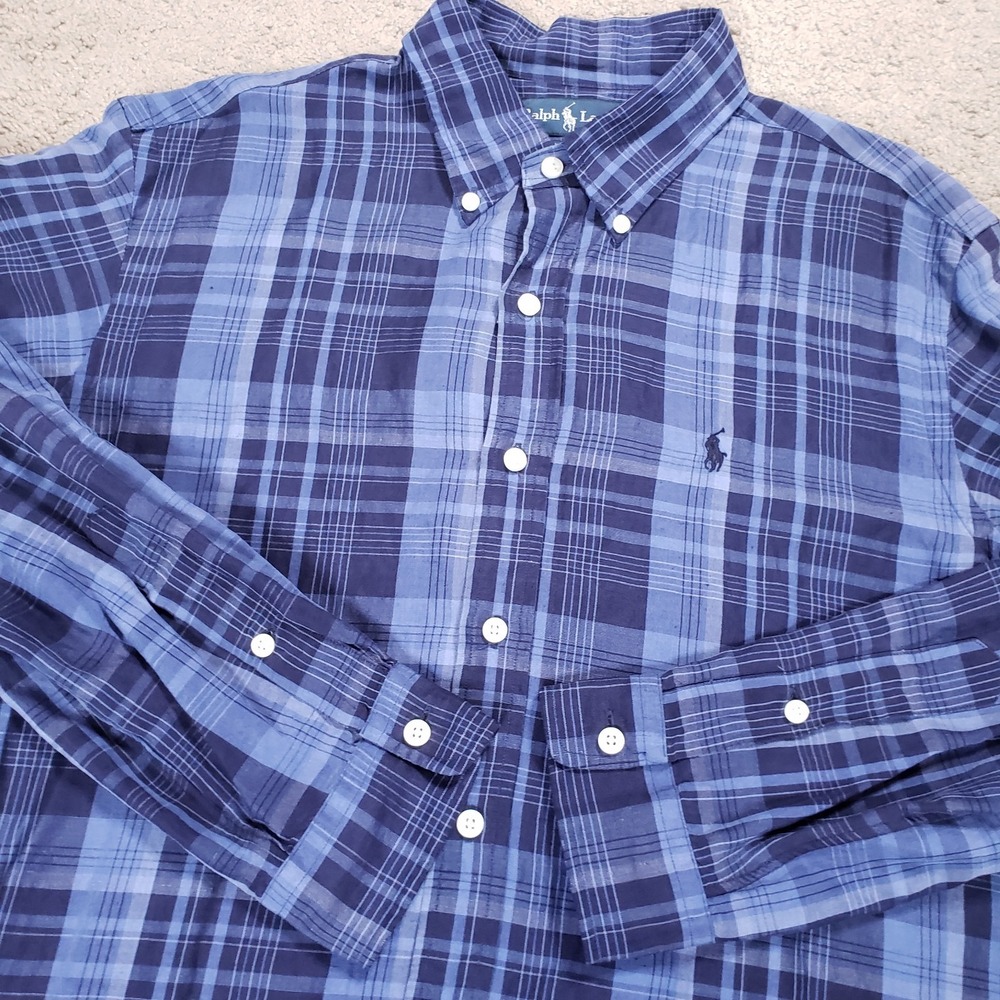 Vintage Ralph Lauren Shirt Men L Blue Plaid Silk Linen Button Up Travel Preppy‎